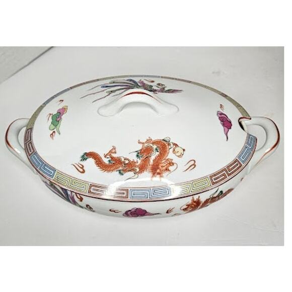 Nakazato Japanese Oval Casserole: Phoenix & Dragon Design Lidded Serving Bowl - Picture 1 of 11